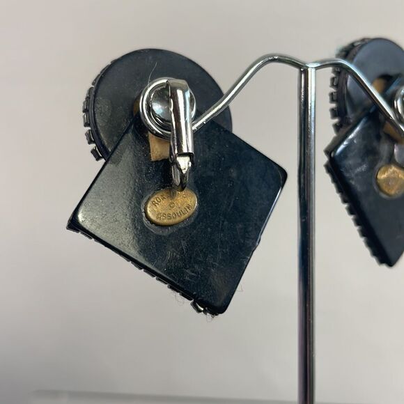 Roxanne Assoulin Signed Vintage Amber Black Clip On Earrings - Picture 4 of 4
